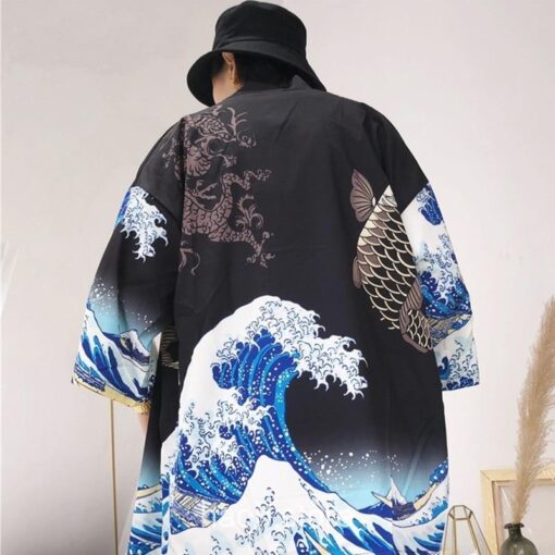 Black The Great Wave and Jumping Carp Kimono Shirt 2