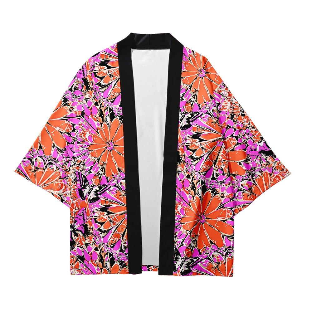 Abstract Pattern Orange Floral Haori Kimono