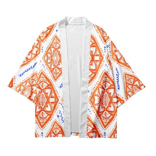 Abstract Orange White Kimono Shirt 1