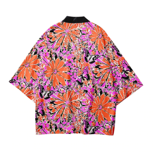 Abstract Pattern Orange Floral Haori Kimono 1