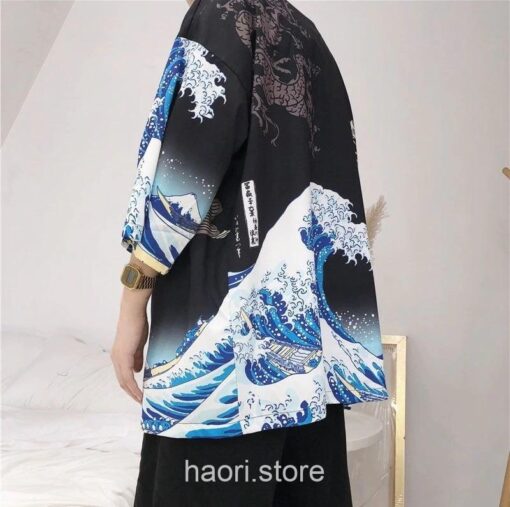 Black The Great Wave and Jumping Carp Haori Kimono 3