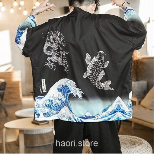 Black The Great Wave and Jumping Carp Haori Kimono 6