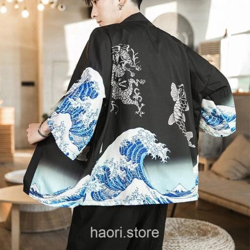 Black The Great Wave and Jumping Carp Haori Kimono 7