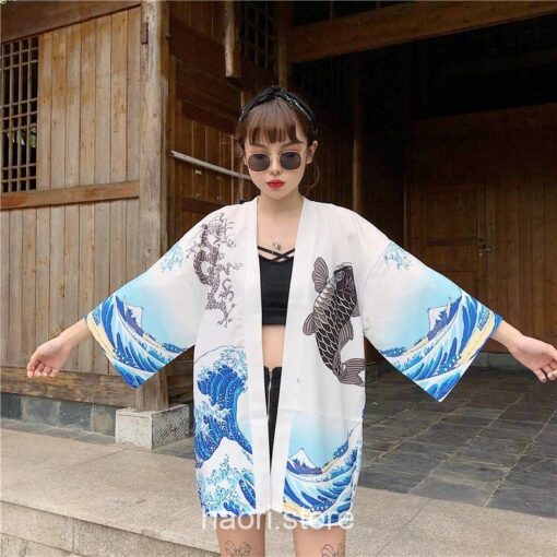 White The Great Wave and Jumping Carp Haori Kimono 5