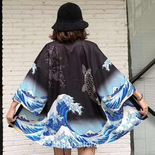 Black The Great Wave and Jumping Carp Haori Kimono 8