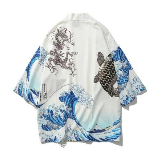 White The Great Wave and Jumping Carp Haori Kimono 4