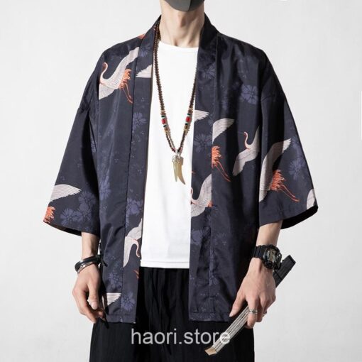 Dark Cranes Pattern Traditional Streetwear Noragi 1
