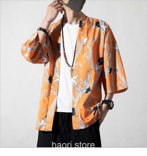Orange Cranes Pattern Traditional Streetwear Noragi 3