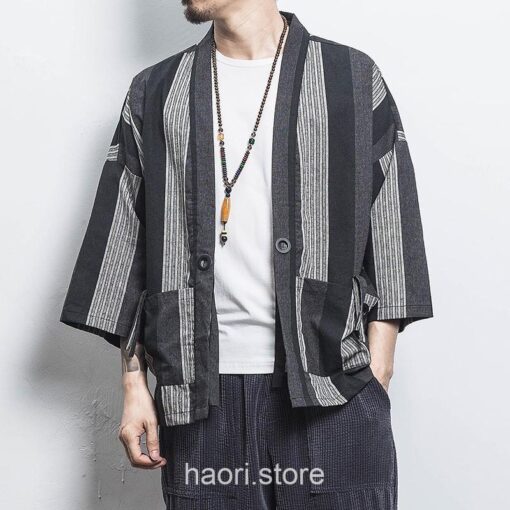 Black Stripe Streetwear Cardigan Style Noragi 4