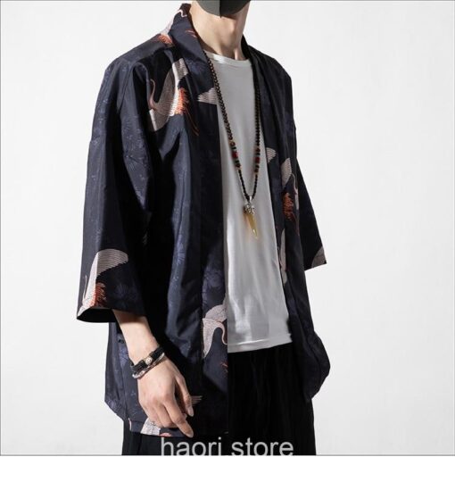 Dark Cranes Pattern Traditional Streetwear Noragi 4